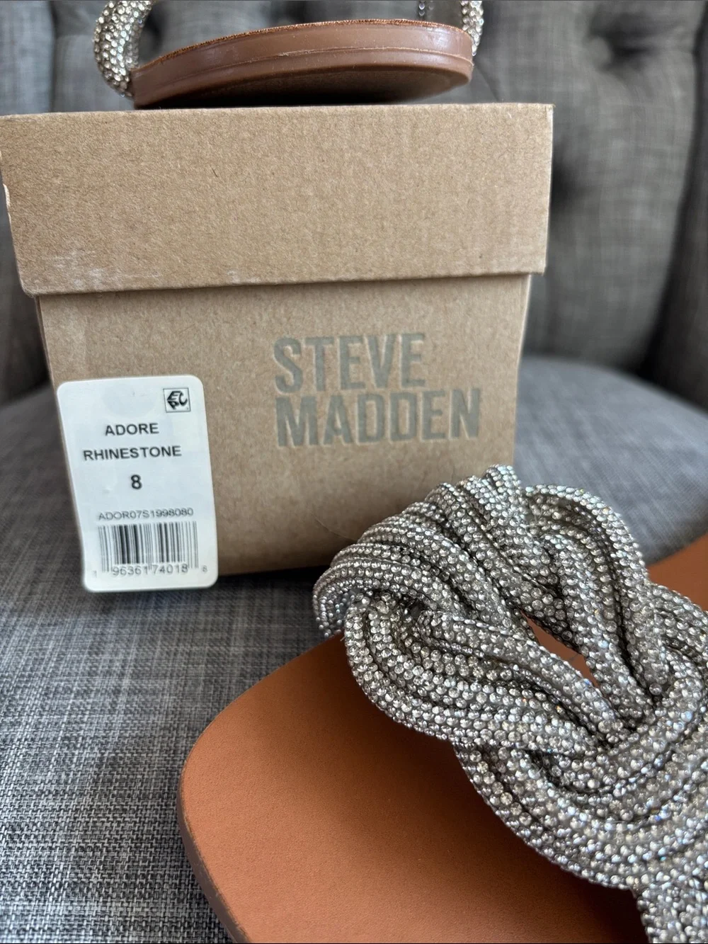 Steve Madden Tan Slide Sandals with Silver Beaded Knot Detail